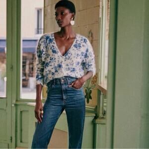 Sézane Lisette Gilet Floral V neck button front mohair Sweater - Blue Peonies XS